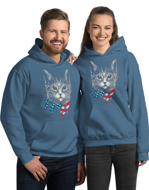 Load image into Gallery viewer, Blue 4th of July Patriot Cat Unisex Hoodie
