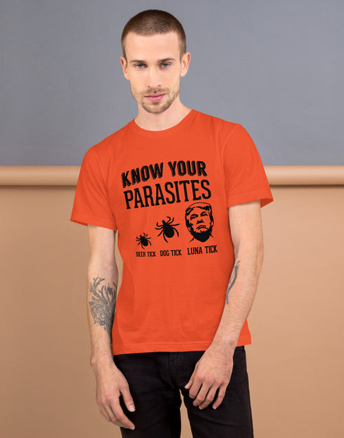 Load image into Gallery viewer, Know Your Parasites Trump T-Shirt Orange
