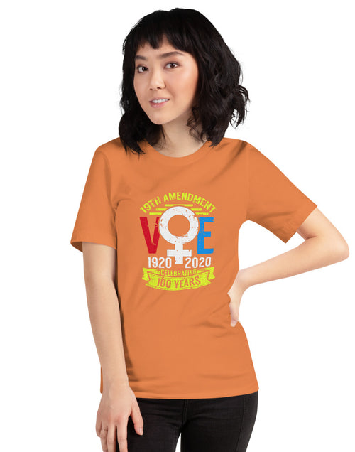 Load image into Gallery viewer, Celebrating 100 Years of Voting Tshirt Orange
