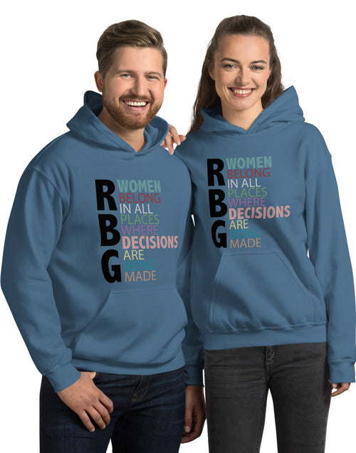 Load image into Gallery viewer, RBG Women Belong In All Places Where Decisions Are Being Made Unisex Hoodie Aqua 
