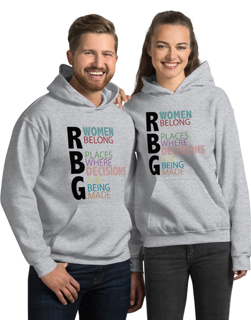 Load image into Gallery viewer, RBG Women Belong In All Places Where Decisions Are Being Made Unisex Hoodie Gray
