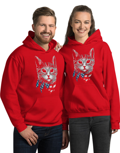 Load image into Gallery viewer, Red 4th of July Patriot Cat Unisex Hoodie
