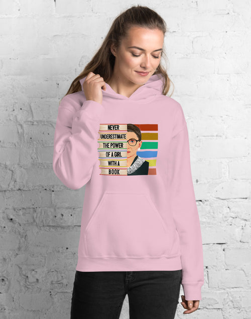 Load image into Gallery viewer, Ruth Bader Ginsburg  Never Underestimate the Power of a Girl with a Book Unisex Hoodie Pink
