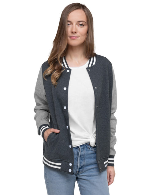 Load image into Gallery viewer, Do No Harm But Take No Bull Women&#39;s Letterman Jacket
