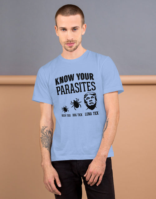 Load image into Gallery viewer, Know Your Parasites Trump T-Shirt Lt Blue
