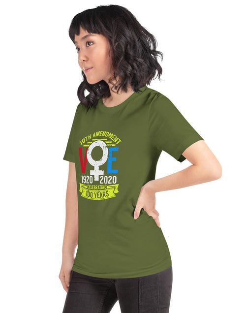 Load image into Gallery viewer, Celebrating 100 Years of Voting Tshirt Green
