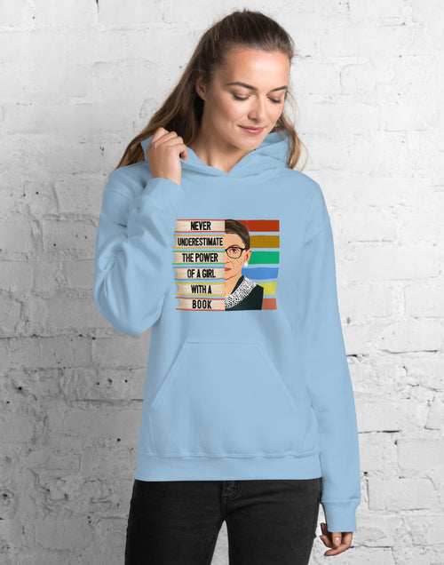 Load image into Gallery viewer, Ruth Bader Ginsburg  Never Underestimate the Power of a Girl with a Book Unisex Hoodie Blue
