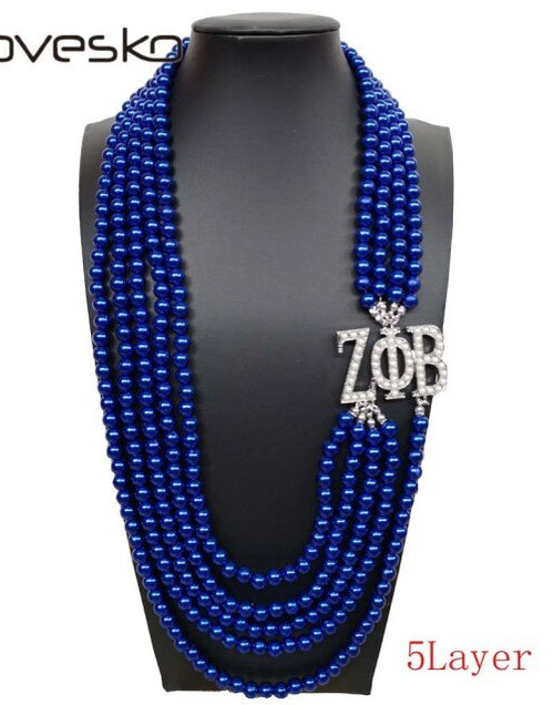 Load image into Gallery viewer, Topvekso Greece Greek Sorority Zeta Phi Beta  5 Layers Blue Pearl ZPB  Pendant Multilayer Statement Jewelry Long Choker
