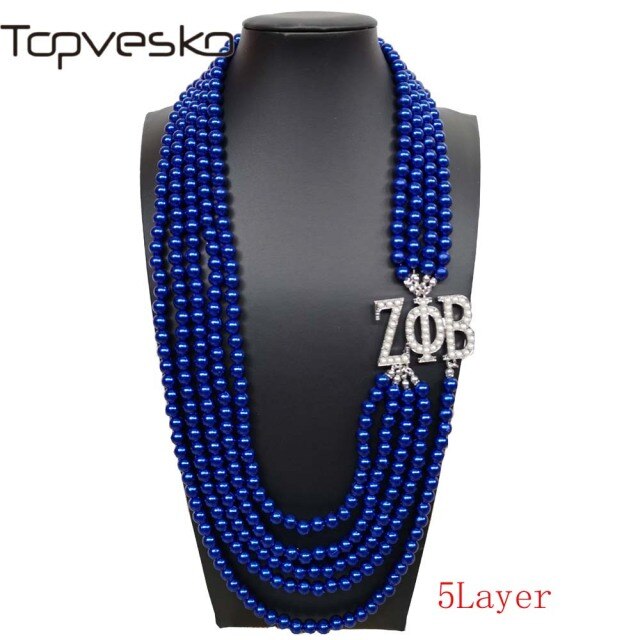 Topvekso Greece Greek Sorority Zeta Phi Beta  5 Layers Blue Pearl ZPB  Pendant Multilayer Statement Jewelry Long Choker