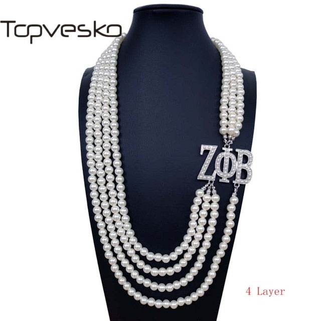 Topvekso Greece Greek Sorority Zeta Phi Beta  5 Layers Blue Pearl ZPB  Pendant Multilayer Statement Jewelry Long Choker