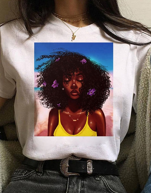 Load image into Gallery viewer, Vogue T Shirt Women Melanin T Shirt Black African Curly Hair Girl Printed Tshirt Femme Harajuku Clothes Female T-shirt Tops Tee
