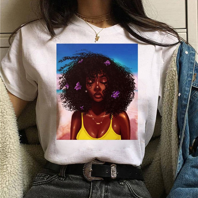 Vogue T Shirt Women Melanin T Shirt Black African Curly Hair Girl Printed Tshirt Femme Harajuku Clothes Female T-shirt Tops Tee