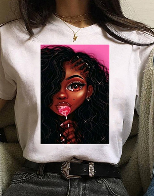 Load image into Gallery viewer, Vogue T Shirt Women Melanin T Shirt Black African Curly Hair Girl Printed Tshirt Femme Harajuku Clothes Female T-shirt Tops Tee
