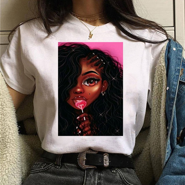 Vogue T Shirt Women Melanin T Shirt Black African Curly Hair Girl Printed Tshirt Femme Harajuku Clothes Female T-shirt Tops Tee