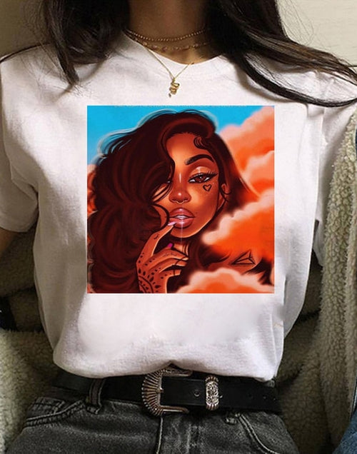 Load image into Gallery viewer, Vogue T Shirt Women Melanin T Shirt Black African Curly Hair Girl Printed Tshirt Femme Harajuku Clothes Female T-shirt Tops Tee
