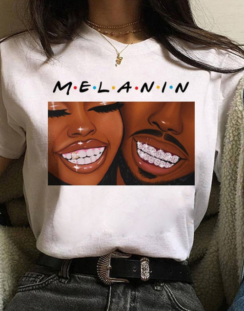 Load image into Gallery viewer, Vogue T Shirt Women Melanin T Shirt Black African Curly Hair Girl Printed Tshirt Femme Harajuku Clothes Female T-shirt Tops Tee
