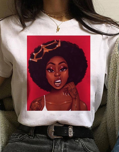 Load image into Gallery viewer, Vogue T Shirt Women Melanin T Shirt Black African Curly Hair Girl Printed Tshirt Femme Harajuku Clothes Female T-shirt Tops Tee
