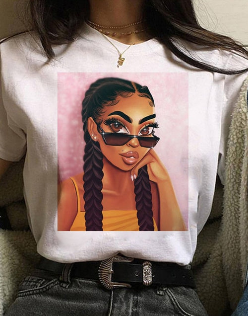 Load image into Gallery viewer, Vogue T Shirt Women Melanin T Shirt Black African Curly Hair Girl Printed Tshirt Femme Harajuku Clothes Female T-shirt Tops Tee
