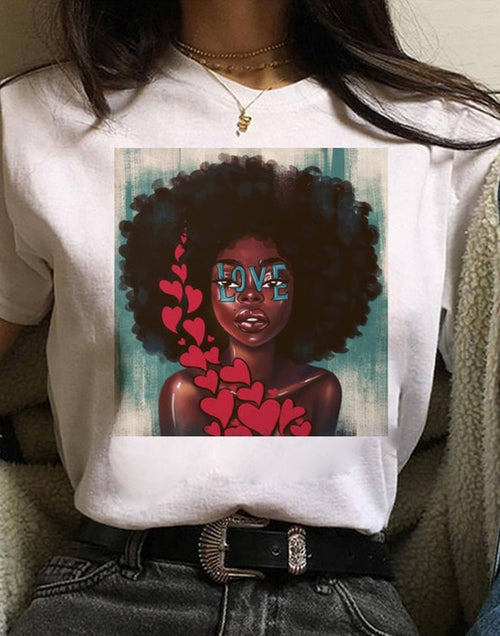 Load image into Gallery viewer, Vogue T Shirt Women Melanin T Shirt Black African Curly Hair Girl Printed Tshirt Femme Harajuku Clothes Female T-shirt Tops Tee
