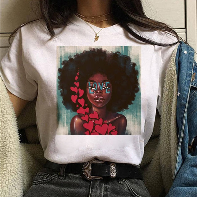 Vogue T Shirt Women Melanin T Shirt Black African Curly Hair Girl Printed Tshirt Femme Harajuku Clothes Female T-shirt Tops Tee