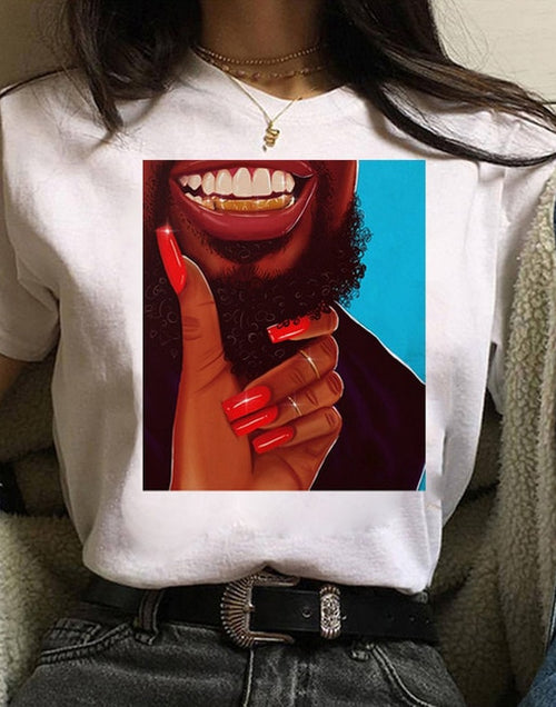 Load image into Gallery viewer, Vogue T Shirt Women Melanin T Shirt Black African Curly Hair Girl Printed Tshirt Femme Harajuku Clothes Female T-shirt Tops Tee
