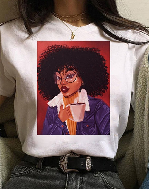 Load image into Gallery viewer, Vogue T Shirt Women Melanin T Shirt Black African Curly Hair Girl Printed Tshirt Femme Harajuku Clothes Female T-shirt Tops Tee
