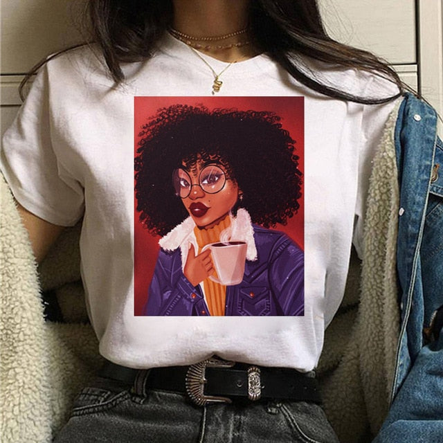 Vogue T Shirt Women Melanin T Shirt Black African Curly Hair Girl Printed Tshirt Femme Harajuku Clothes Female T-shirt Tops Tee