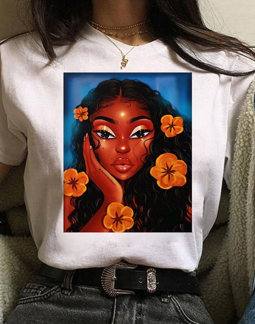 Load image into Gallery viewer, Vogue T Shirt Women Melanin T Shirt Black African Curly Hair Girl Printed Tshirt Femme Harajuku Clothes Female T-shirt Tops Tee
