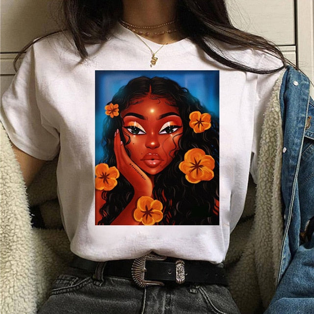 Vogue T Shirt Women Melanin T Shirt Black African Curly Hair Girl Printed Tshirt Femme Harajuku Clothes Female T-shirt Tops Tee