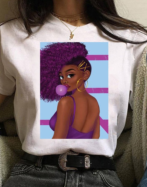 Load image into Gallery viewer, Vogue T Shirt Women Melanin T Shirt Black African Curly Hair Girl Printed Tshirt Femme Harajuku Clothes Female T-shirt Tops Tee
