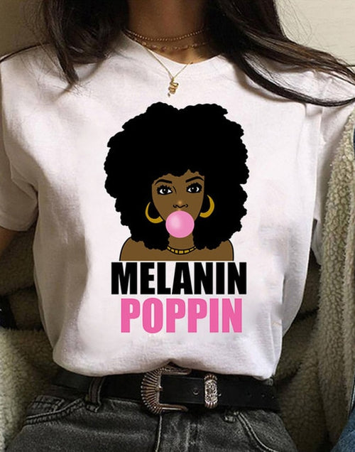 Load image into Gallery viewer, Vogue T Shirt Women Melanin T Shirt Black African Curly Hair Girl Printed Tshirt Femme Harajuku Clothes Female T-shirt Tops Tee
