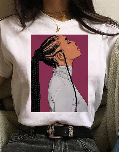 Load image into Gallery viewer, Vogue T Shirt Women Melanin T Shirt Black African Curly Hair Girl Printed Tshirt Femme Harajuku Clothes Female T-shirt Tops Tee
