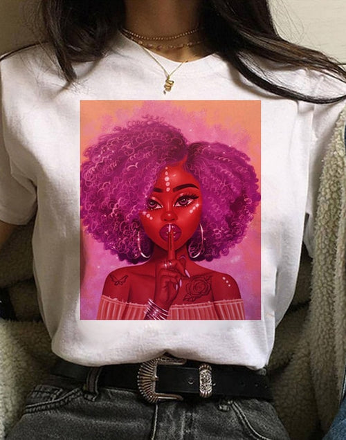 Load image into Gallery viewer, Vogue T Shirt Women Melanin T Shirt Black African Curly Hair Girl Printed Tshirt Femme Harajuku Clothes Female T-shirt Tops Tee
