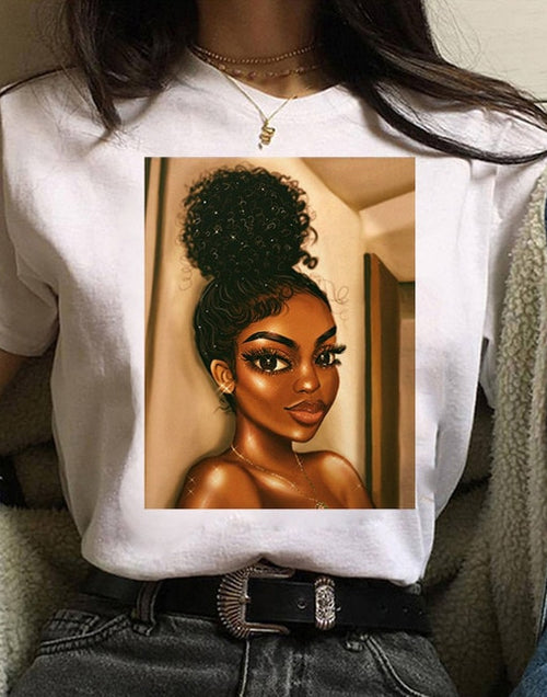 Load image into Gallery viewer, Vogue T Shirt Women Melanin T Shirt Black African Curly Hair Girl Printed Tshirt Femme Harajuku Clothes Female T-shirt Tops Tee
