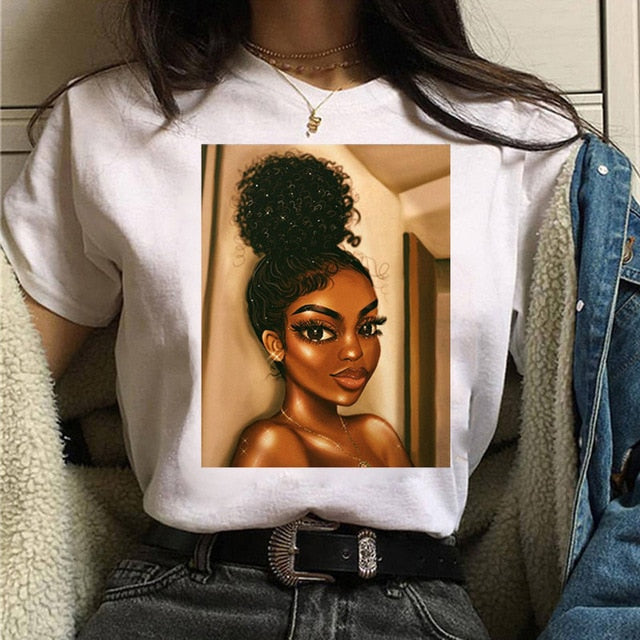 Vogue T Shirt Women Melanin T Shirt Black African Curly Hair Girl Printed Tshirt Femme Harajuku Clothes Female T-shirt Tops Tee