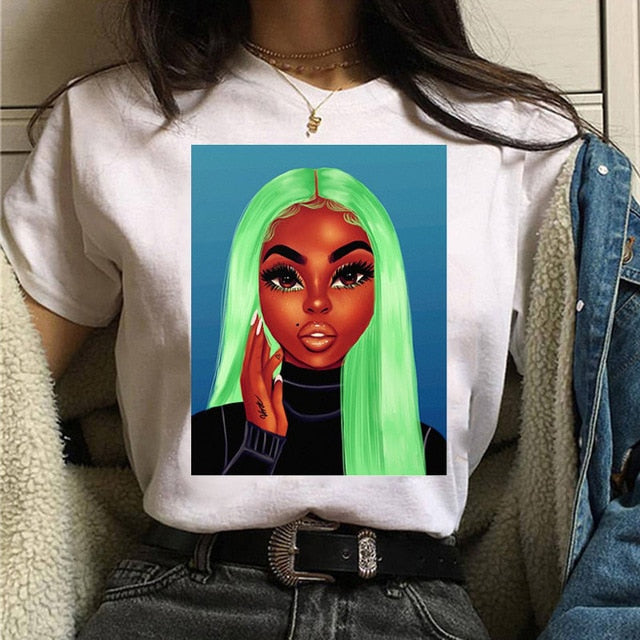 Vogue T Shirt Women Melanin T Shirt Black African Curly Hair Girl Printed Tshirt Femme Harajuku Clothes Female T-shirt Tops Tee