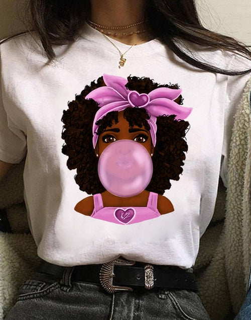 Load image into Gallery viewer, Vogue T Shirt Women Melanin T Shirt Black African Curly Hair Girl Printed Tshirt Femme Harajuku Clothes Female T-shirt Tops Tee
