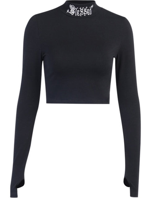 Load image into Gallery viewer, Black Bodycon Long Sleeve Crop Tops Gothic Solid
