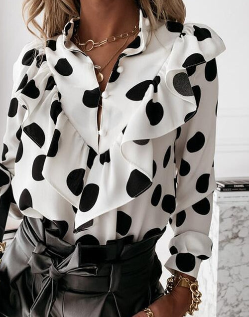 Load image into Gallery viewer, Polka Dot Ruffle Long Sleeve V-Necks and Pullovers
