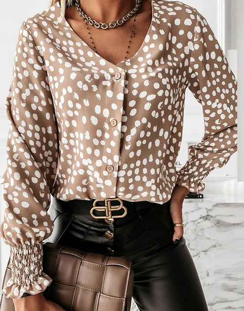 Load image into Gallery viewer, Polka Dot Ruffle Long Sleeve V-Necks and Pullovers
