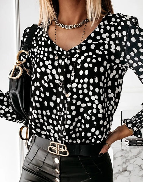 Load image into Gallery viewer, Polka Dot Ruffle Long Sleeve V-Necks and Pullovers
