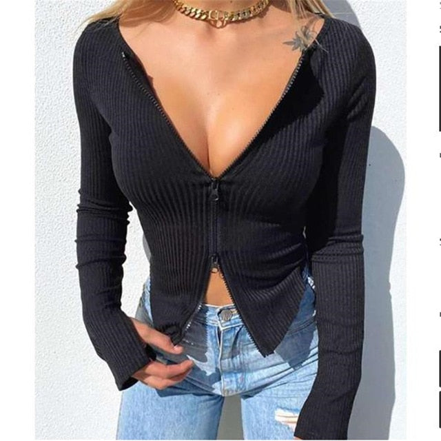 Ribbed Knitted Long Sleeve Crop Tops Tee