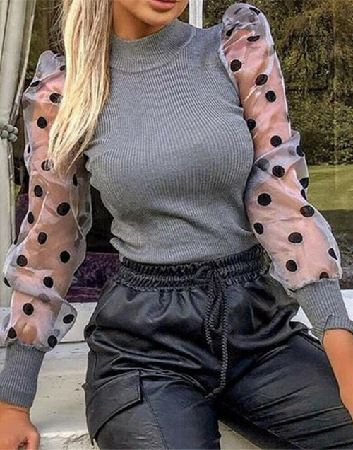 Load image into Gallery viewer, Knitted Polka Dot Puff Long Sleeve Top
