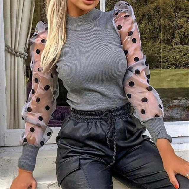 Knitted Polka Dot Puff Long Sleeve Top