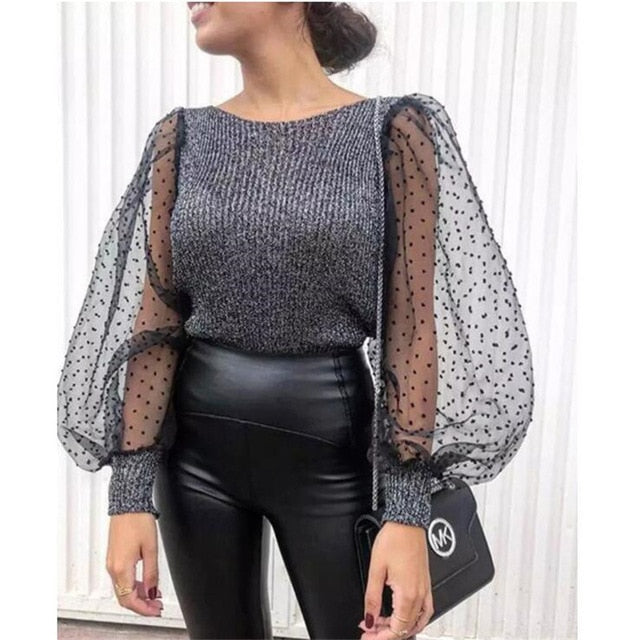 Knitted Polka Dot Puff Long Sleeve Top