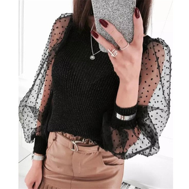 Knitted Polka Dot Puff Long Sleeve Top