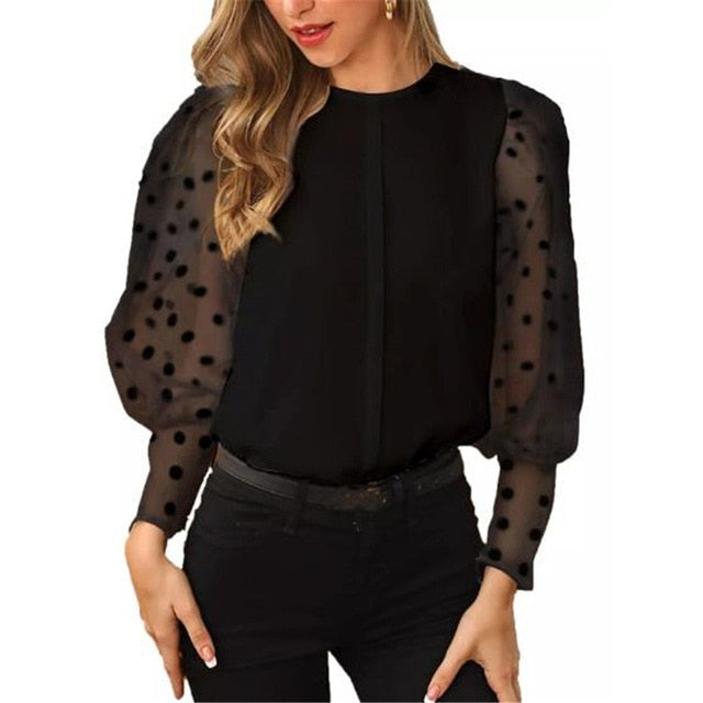 Knitted Polka Dot Puff Long Sleeve Top