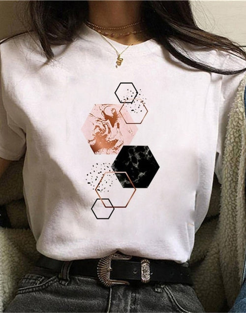 Load image into Gallery viewer, Geometric Prints on White Short Sleeve TShirt
