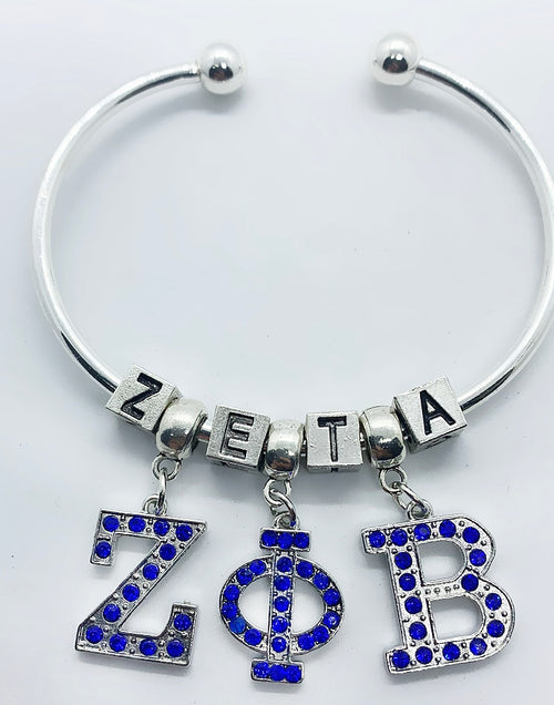 Load image into Gallery viewer, Blue rhinestone inlaid metal Greek letter ZETA PHI BETA pendant big hole beads bracelet sorority society opening wire bangle
