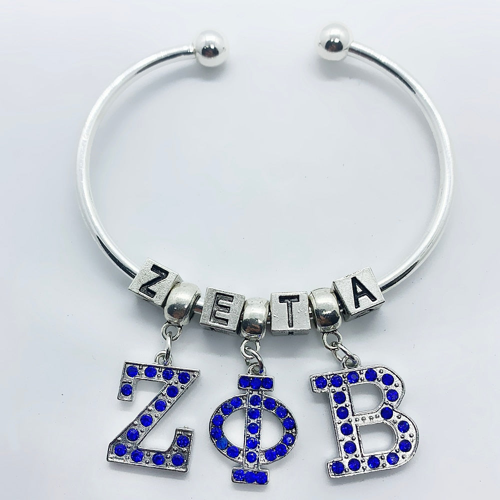 Blue rhinestone inlaid metal Greek letter ZETA PHI BETA pendant big hole beads bracelet sorority society opening wire bangle